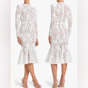 NWT Nadine Merabi Juliette Long Sleeve Lace Long sleeve White midi Dress sz 12